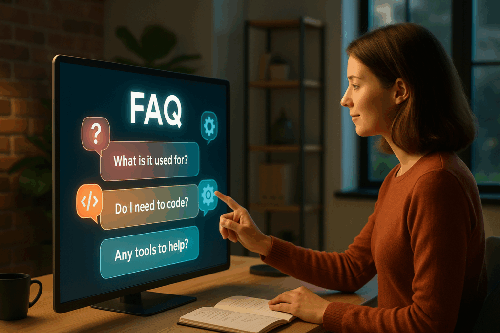 Ein aufgeklapptes digitales FAQ-Board, Fragen schweben als kleine Lichtkugeln, von einem KI-Avatar erklärt.