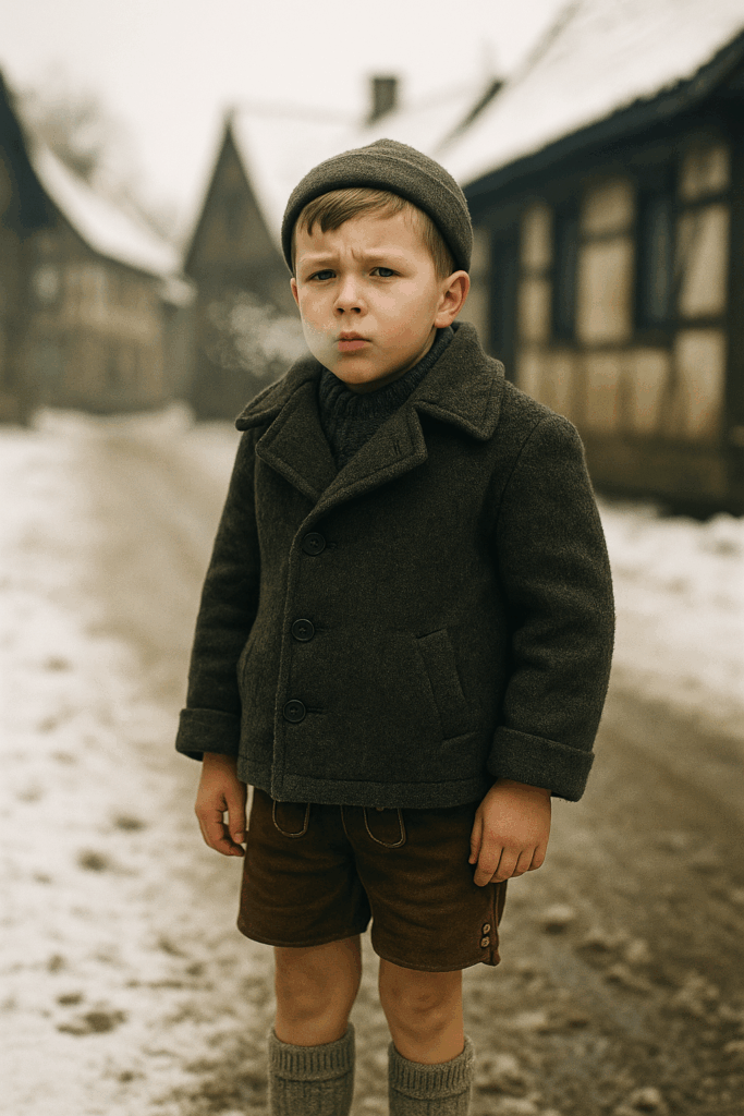 Junge im Winter-Schnee mit Lederhose, Wollstrümpfen, roter Nase.