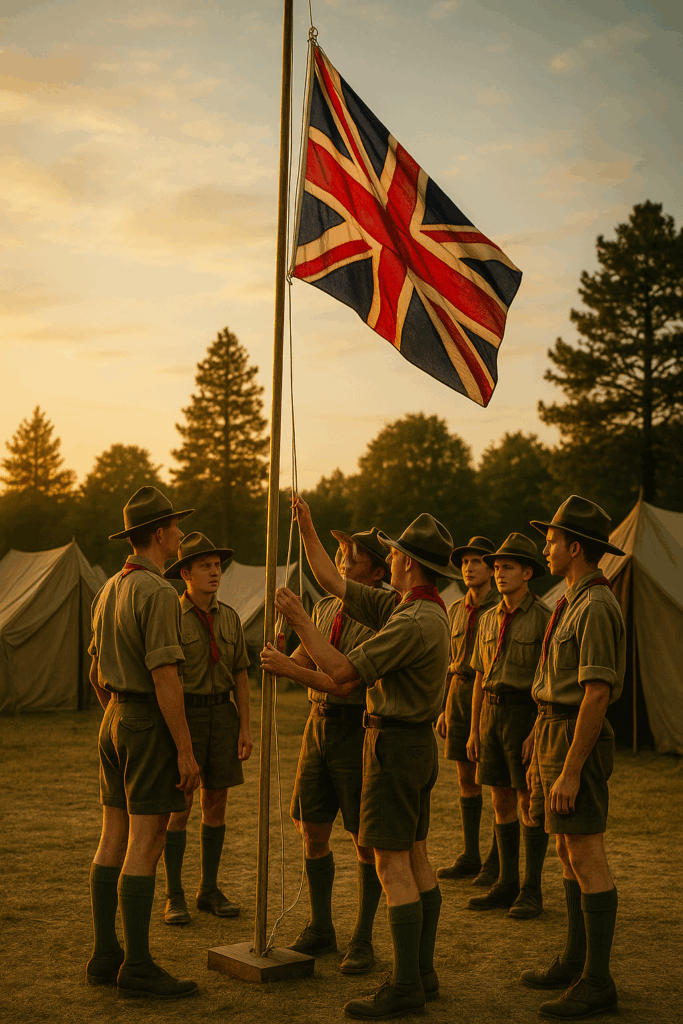 Britische Scouts 1930er in Shorts beim Fahnenappell.