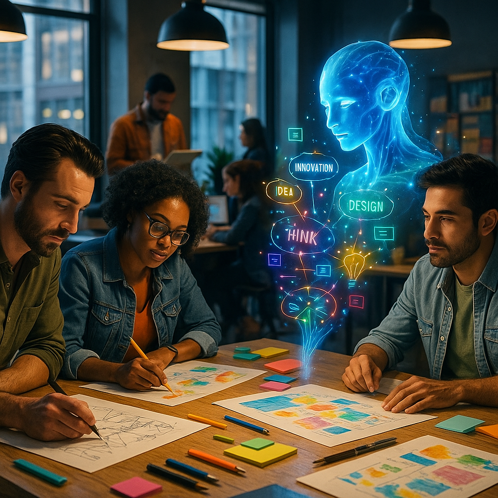 Brainstorming-Szene: Menschen sitzen an einem Tisch, während ein transparentes KI-Interface Ideen projiziert.