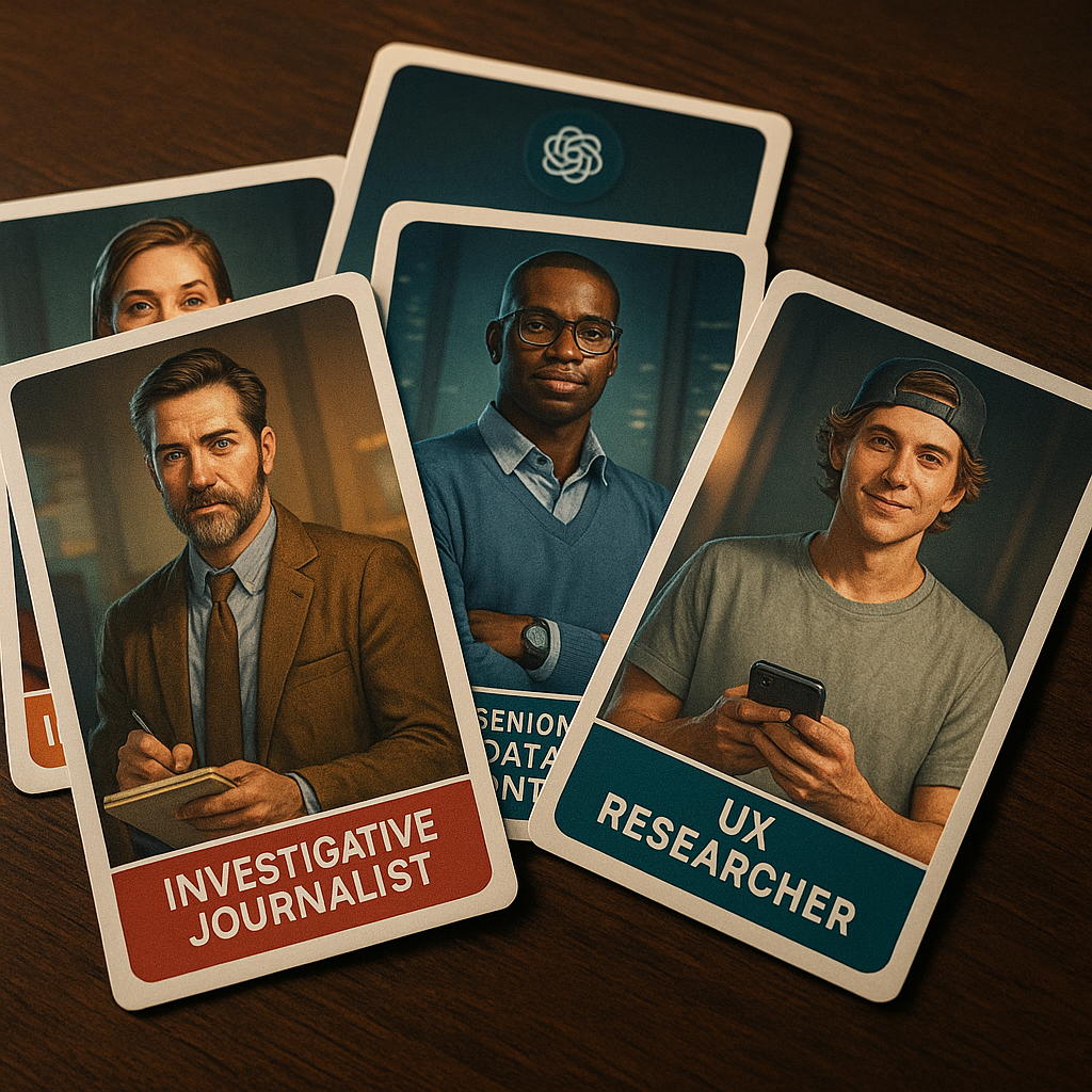 “Set of photorealistic trading cards on wooden desk, each card illustrating an expert avatar with title banner, shallow depth of field bokeh”