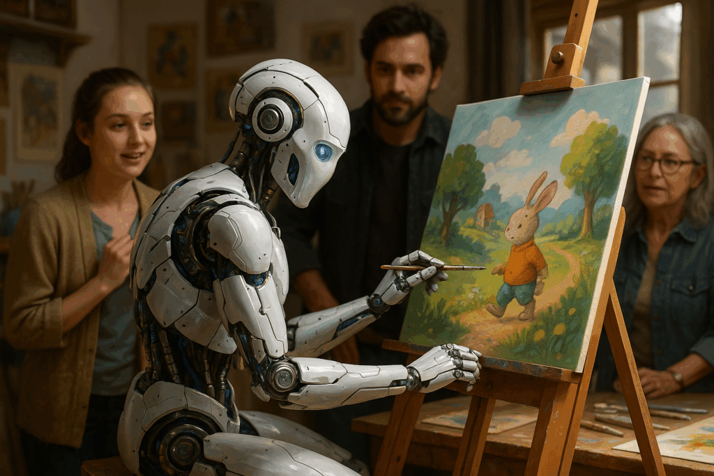  Ein KI-Roboter malt ein Gemälde, während Menschen im Hintergrund diskutieren.