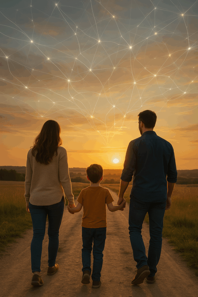 Familie geht Hand in Hand in einen Sonnenuntergang, am Himmel digitale Linien / Muster, die freundlich wirken.