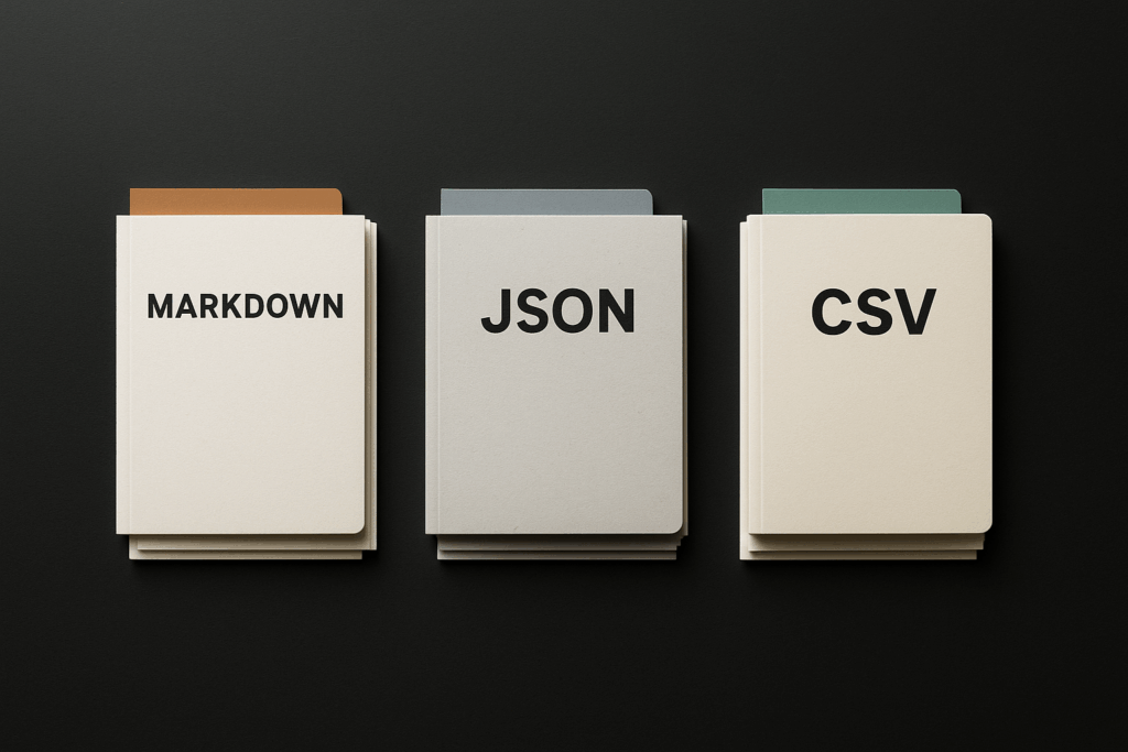 Top-down flat-lay on matte black surface: neatly stacked documents labeled Markdown, JSON, CSV in bold icons, color-coded tabs, soft diffused light