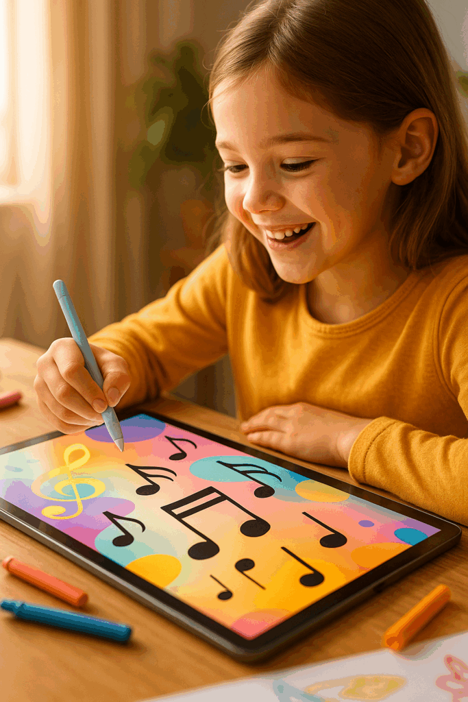 Kind mit Tablet, bunte Lern- oder Kreativ-Apps, KI-Charakter interagiert (z. B. animierter Drache hilft beim Lesen).