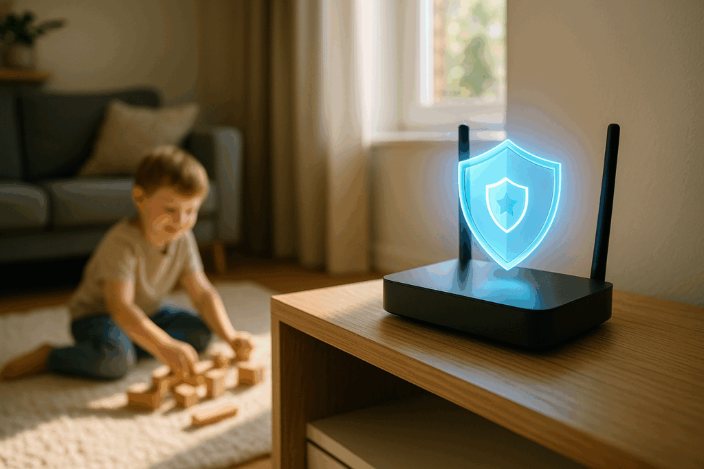 Router mit einem leuchtenden Schutzschild-Hologramm, Kind spielt unbesorgt dahinter.