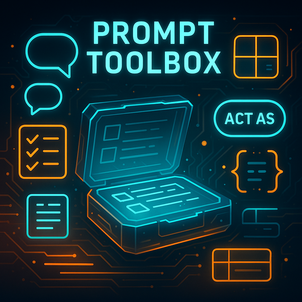 Ein digitaler Baukasten / Werkzeugkoffer mit Icons: „Act as...“, Listen, Tabellen, Pfeile, alles in einem stylischen Interface.