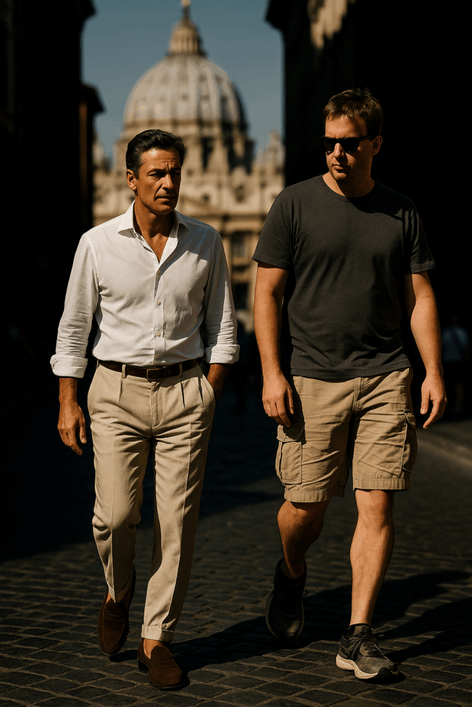 Tourist in Shorts wird von Aufseher am Petersdom abgewiesen; daneben Locals in Chinos.
