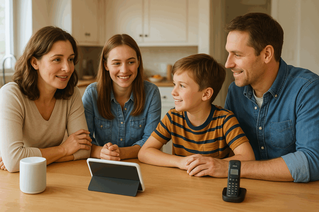 Eltern und Kind sitzen zusammen, schauen sich Tablet an, Mutter erklärt, Kind fragt – sichtbar Dialog und Aufklärung.