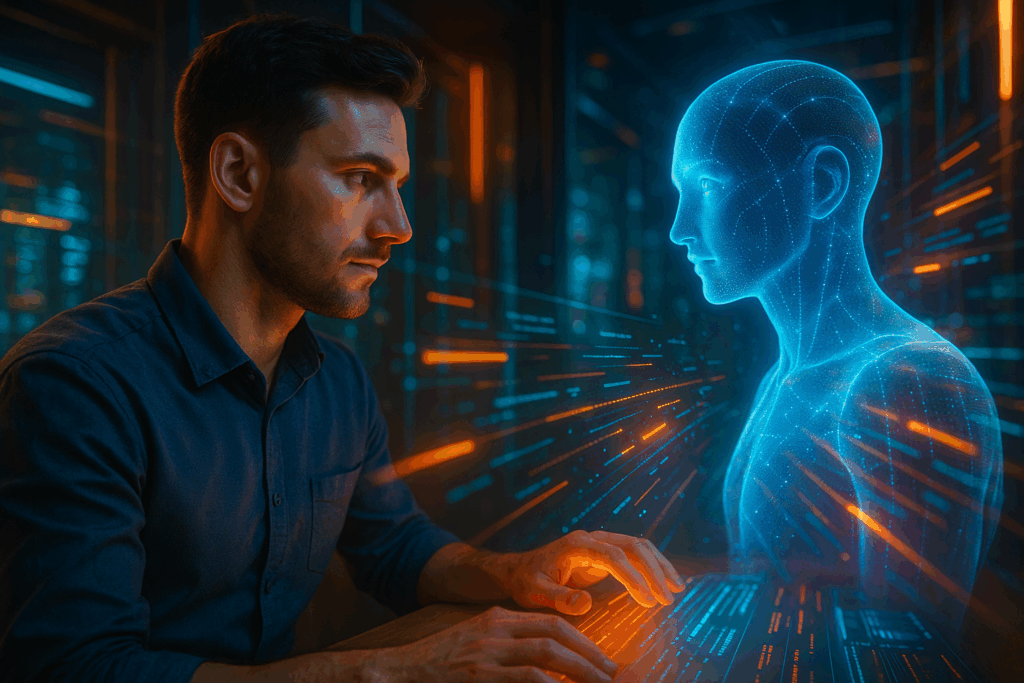 Ein Mensch sitzt an einem futuristischen Schreibtisch, spricht mit einer holografischen KI, Lichtströme und Datensymbole fließen. Modern, inspirierend, einladend.