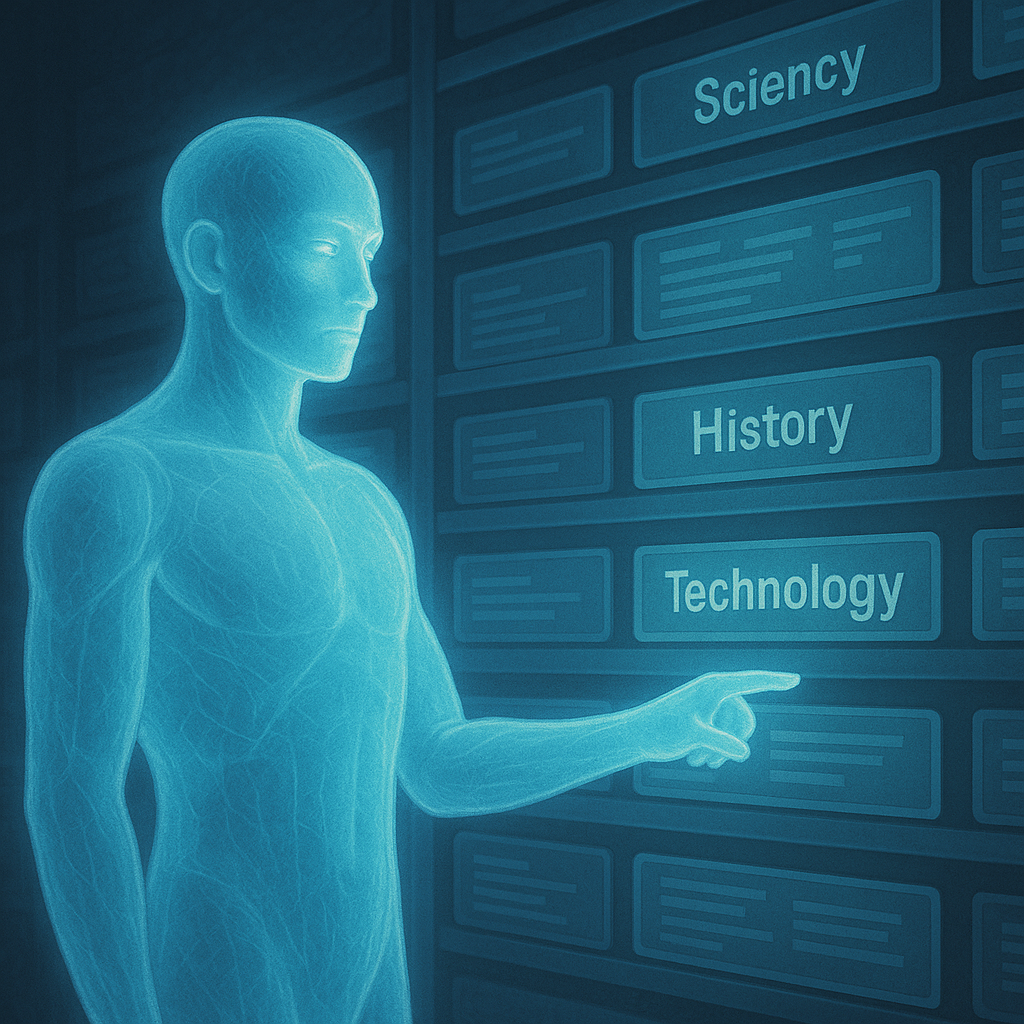 KI in Menschengestalt hilft bei der Informationssuche, digitaler Bibliothekar.