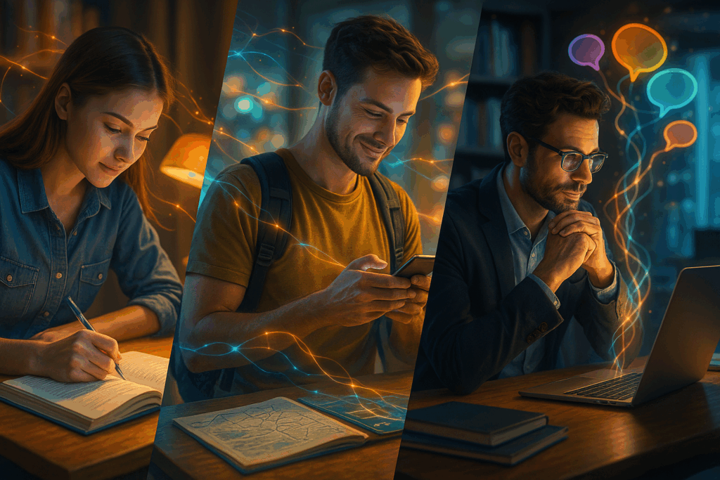 Collage: Alltag (Einkauf, Reise), Bildung (Schulbuch, Laptop), Beruf (Business Meeting, Diagramme) – verbunden durch digitale Linien oder KI-Lichtströme.