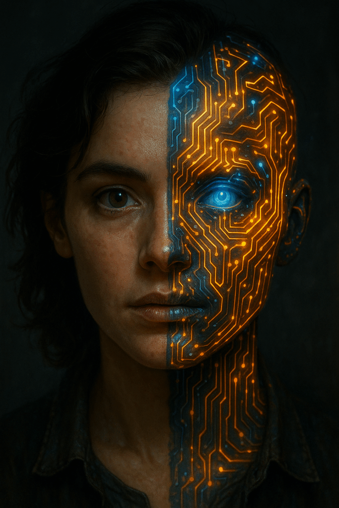 Symbolisches Bild: eine Person teilt ihren Kopf mit einer leuchtenden KI-Hälfte (halb Mensch, halb Algorithmus).
