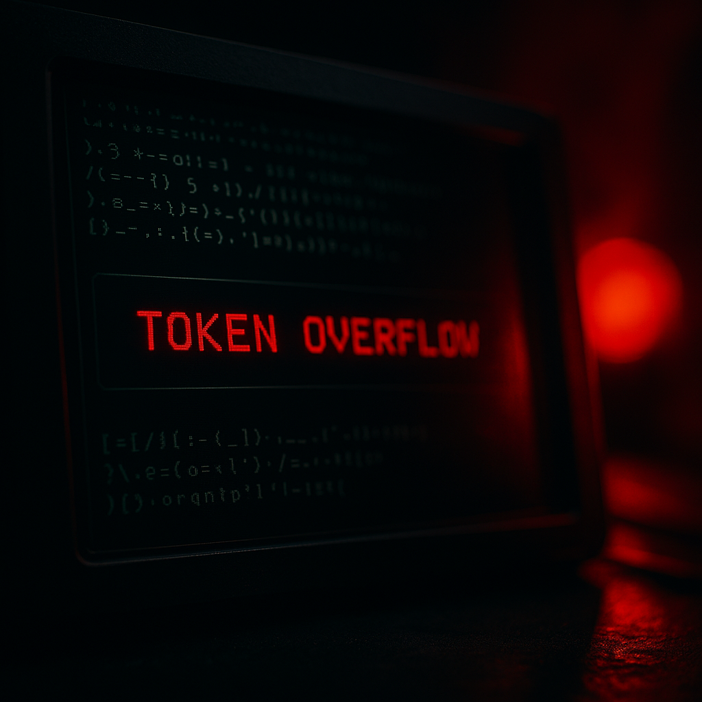 “Close-up of black terminal window with blinking red error message ‘Token Overflow’, ambient crimson alarm light, dramatic shadows”