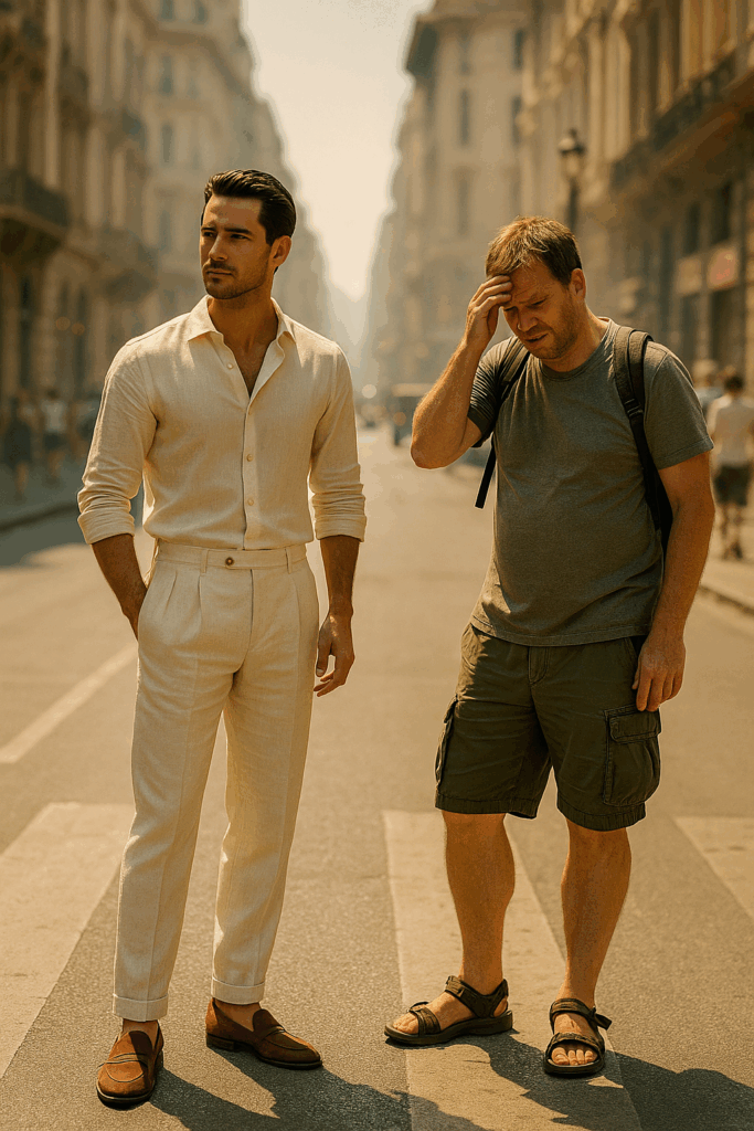 Stilvoller Mann in perfekt sitzender Leinenhose steht entspannt in einer glühend heißen Großstadtstraße; daneben verschwitzter Tourist in Cargo-Shorts – Kontrast von Eleganz vs. Nachlässigkeit.