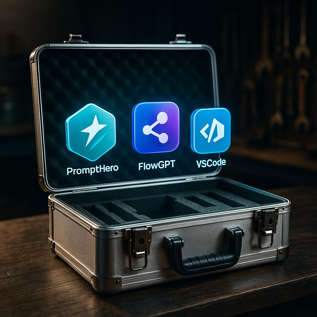 Open aluminium toolbox on workbench, tools replaced by floating app icons (PromptHero, FlowGPT, VS Code), high-detail, HDR realism