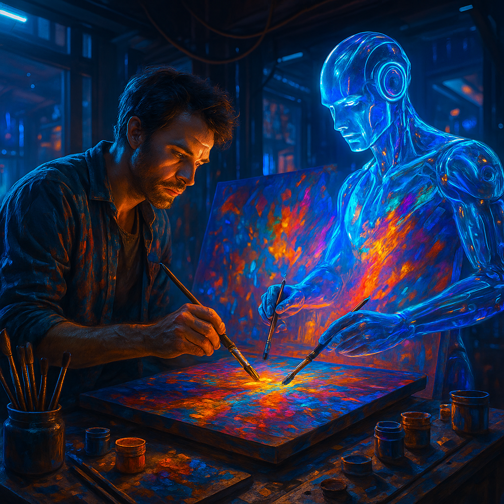 Eine hochmoderne, hyperrealistische Szene, die Mensch und KI gemeinsam kreativ zeigt – z. B. ein Künstler, der gemeinsam mit einer holografischen KI malt oder textet.