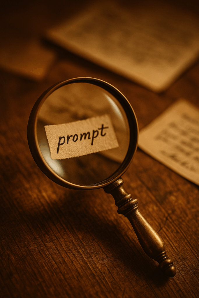 “Victorian magnifying glass hovering over tiny handwritten prompt sample, enlarged perfectly sharp through lens, shallow depth, warm sepia tones”