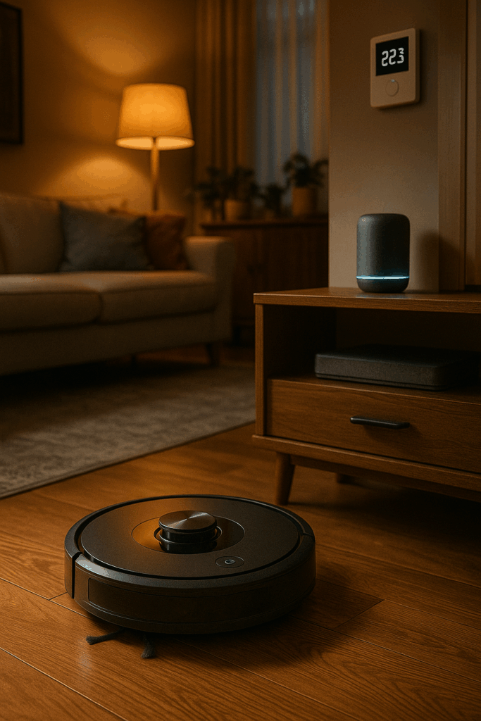 Saugroboter fährt durch Wohnzimmer, Sprachassistent leuchtet, Thermostat zeigt „Auto Adjust“.