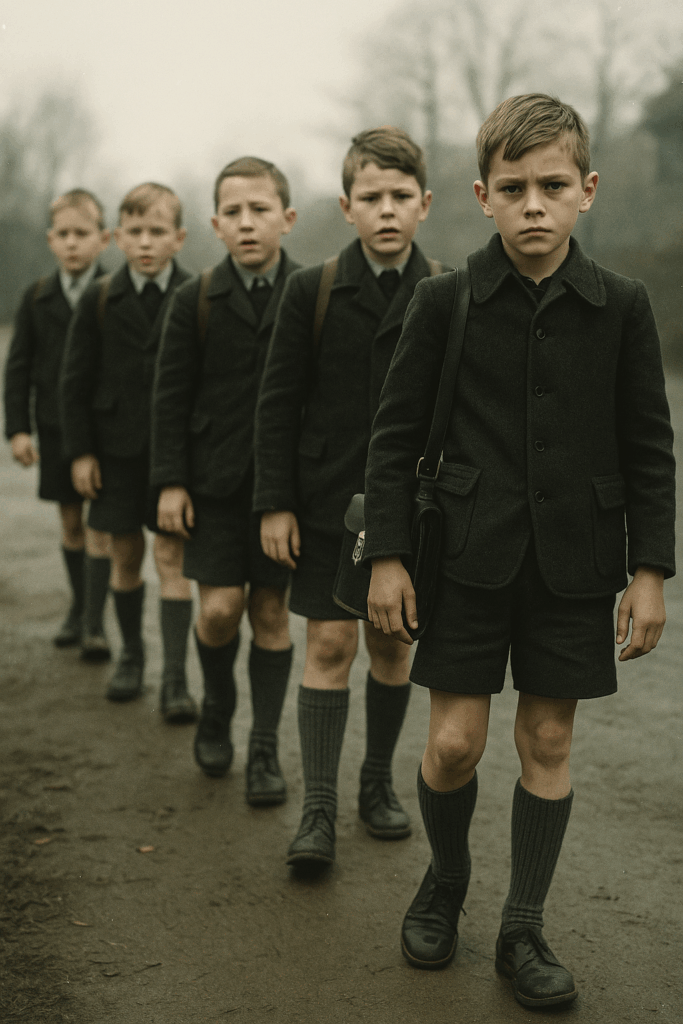 Vintage Schulklasse Europa 1950er; alle Jungen in kurzen Hosen, ernste Mienen.