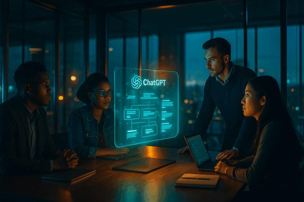 Ultra-wide cinematic shot, sleek glass office at dawn, diverse tech professionals gathered around a holographic ChatGPT interface hovering above the desk, ambient neon reflections