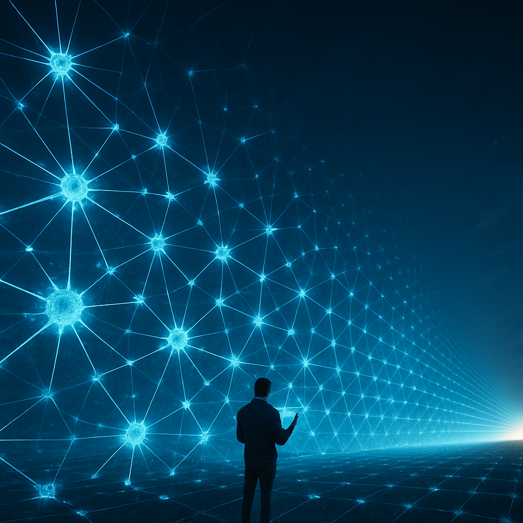 “Endless horizon of glowing neural lattice stretching into distance, person standing in foreground scanning with tablet, epic scale, IMAX style”