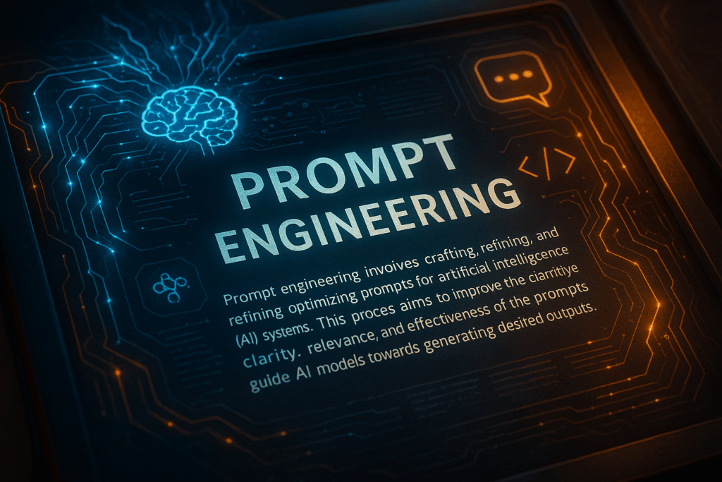 Eine geöffnete Buchseite oder ein digitales Lexikon mit dem Begriff „Prompt Engineering“, daneben ikonische Symbole für KI & Sprachmodelle.