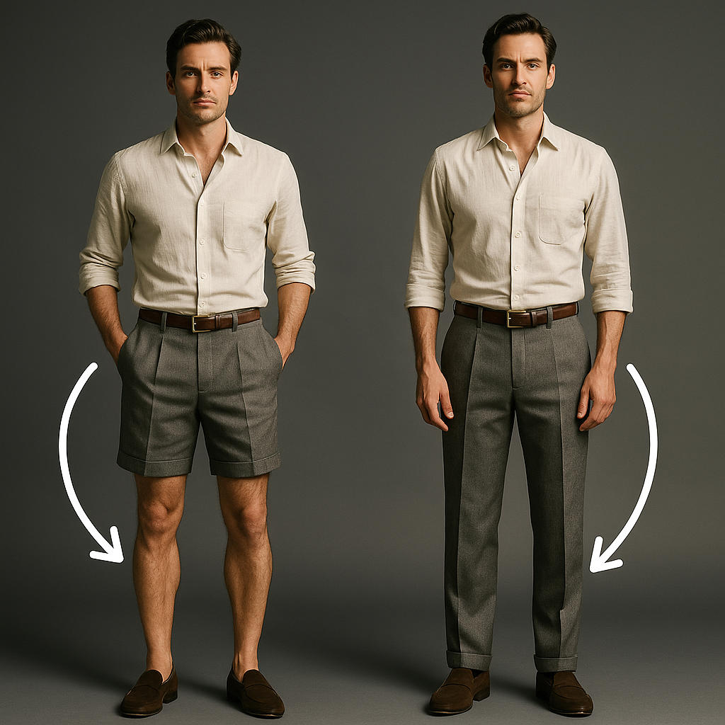 Split-Screen: Mann in Shorts vs. gleiche Person in langer Hose; Linie eingezeichnet.