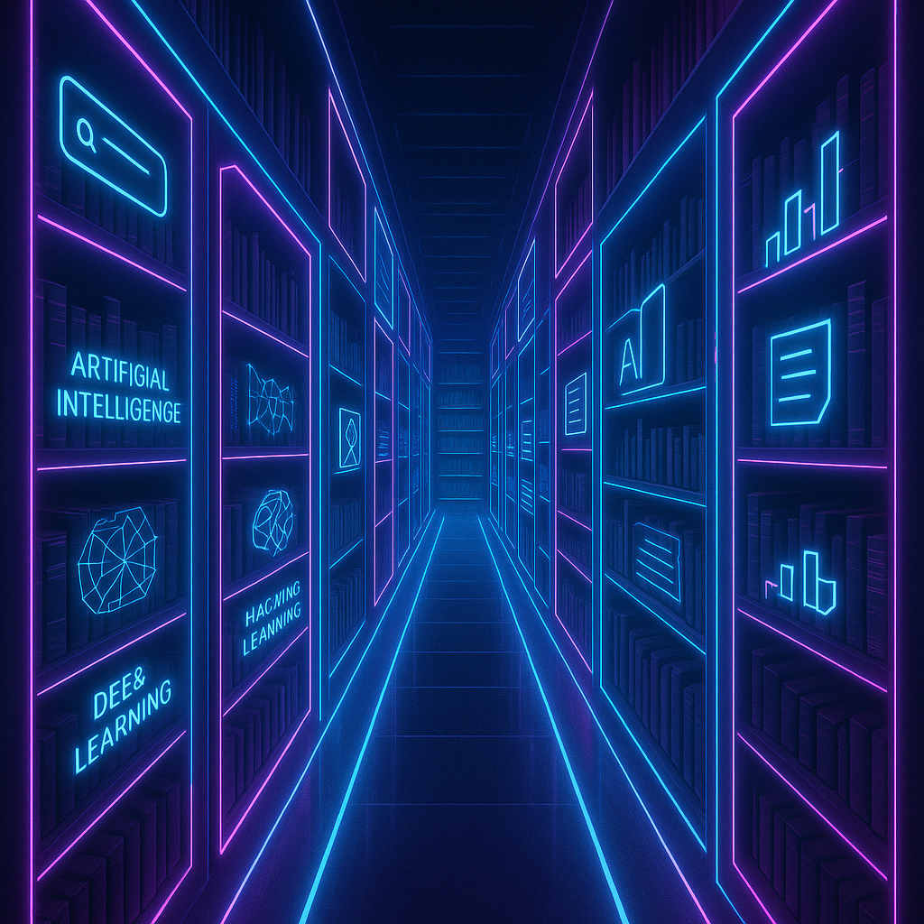Digitales Bücherregal mit Logos/Icons der Tools oder leuchtende Wissenswelt