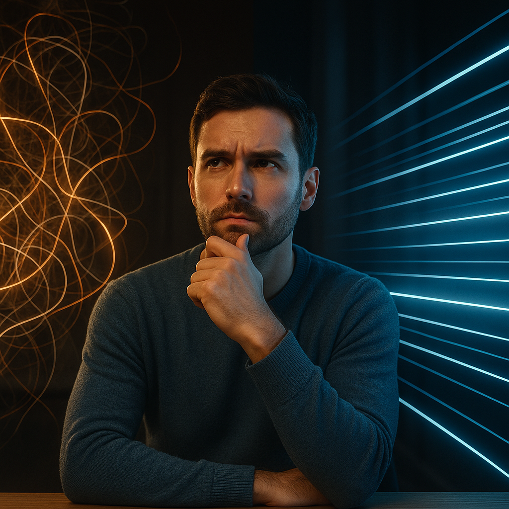Eine geteilte Szene: Links chaotische, diffuse Datenwolken (Don’ts), rechts klare, strukturierte Datenströme (Do’s), mit einer Person in der Mitte, die wählt.