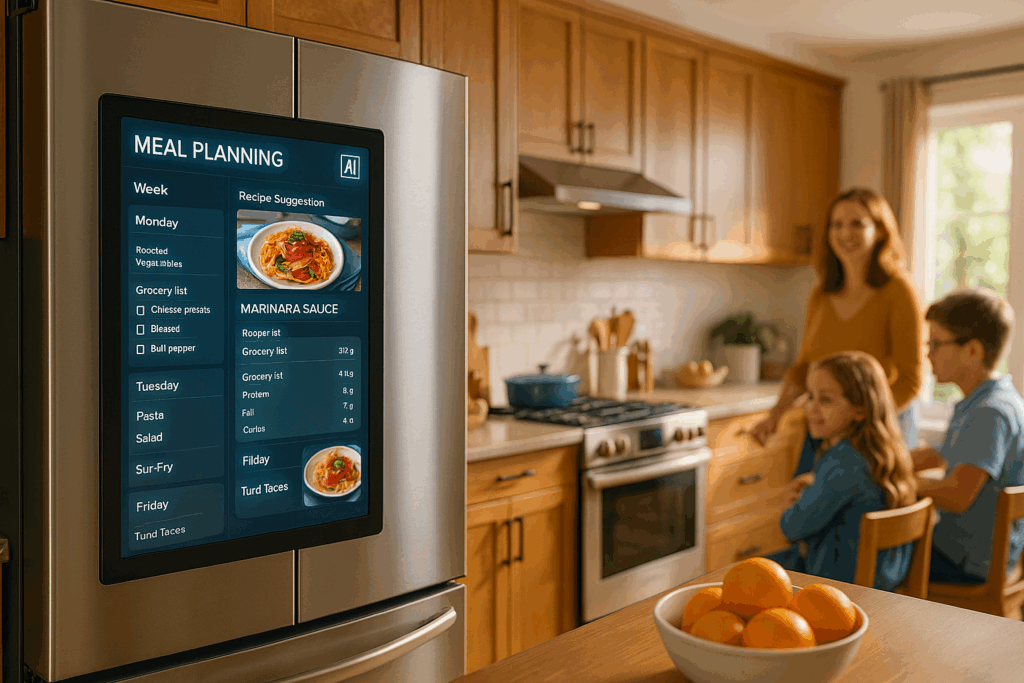 Smartphone oder Tablet mit geöffneter smarter Kalender-App, Einkaufslisten, „KI plant Woche“ angezeigt, im Hintergrund Kaffee & Croissants.