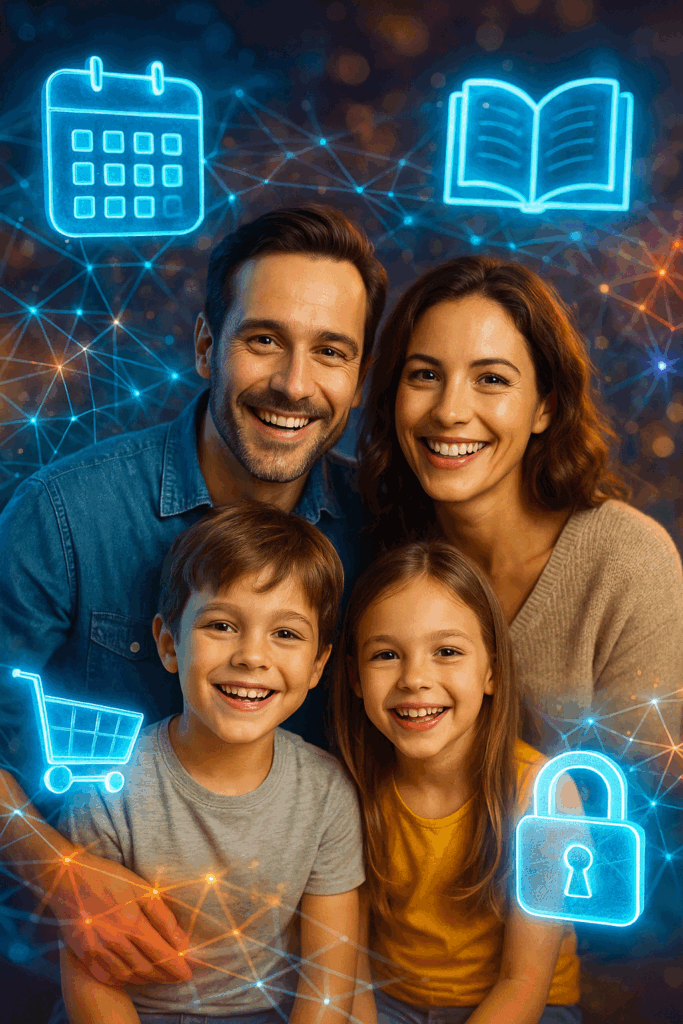 Visualisierung von „KI im Familienalltag“: eine smarte Illustration mit Icons (Kalender, Einkaufswagen, Lernbuch, Schloss für Kindersicherung), die eine Familie umgeben.