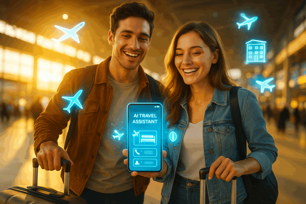 Glückliche Reisende mit Smartphone in der Hand, im Hintergrund symbolische KI-Elemente wie Karten oder Flugzeuge.