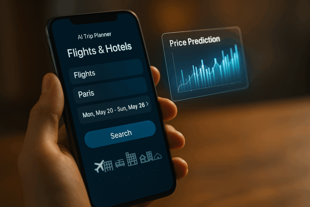 Laptop oder Smartphone zeigt eine KI-App mit Flug- und Hoteloptionen, darüber futuristische Datenvisualisierungen.