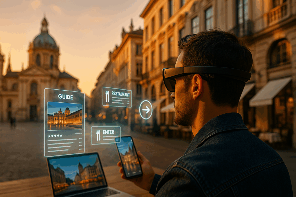 AR-Brille oder Smartwatch zeigt KI-Infos in einer fremden Stadt; futuristische, aber realistische Darstellung.