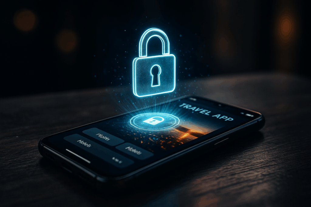 Symbolbild für Datensicherheit – Schloss-Symbol, digitale Netzwerke, Reisepass und Smartphone im Fokus.