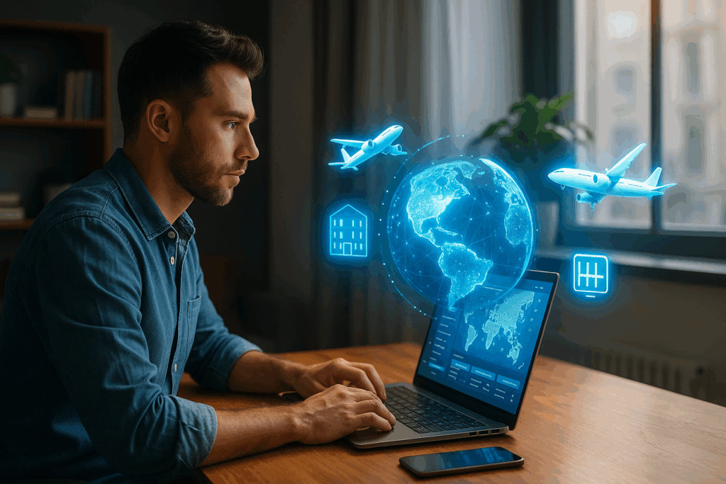 Eine futuristische Reiseplanungsszene – ein Mensch sitzt vor einem Laptop/Tablet, umgeben von holographischen Karten, Flugzeugen, Hotels und KI-Symbolen.