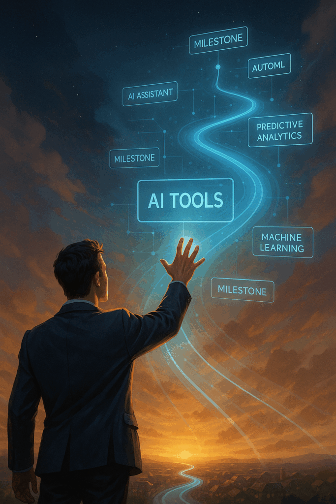 Futuristische, aber bodenständige Visuals von kleinen Unternehmen im Jahr 2030 – mit integrierter KI.