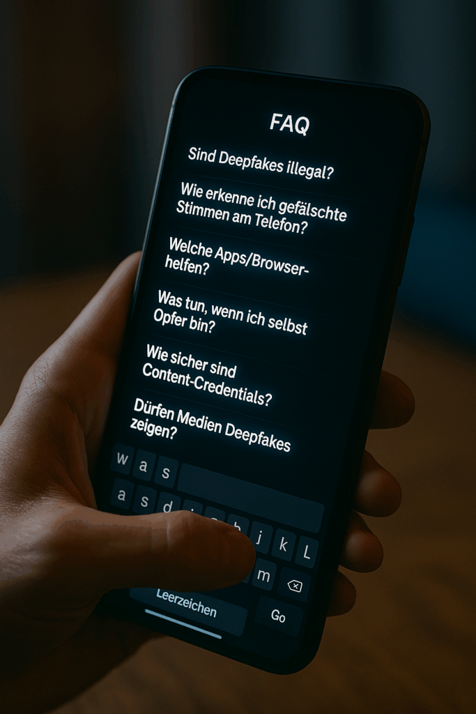 Digitale Chat-Oberfläche mit typischen Fragen („Ist das legal?“, „Wie erkenne ich Fakes?“) als schwebende Textblasen.