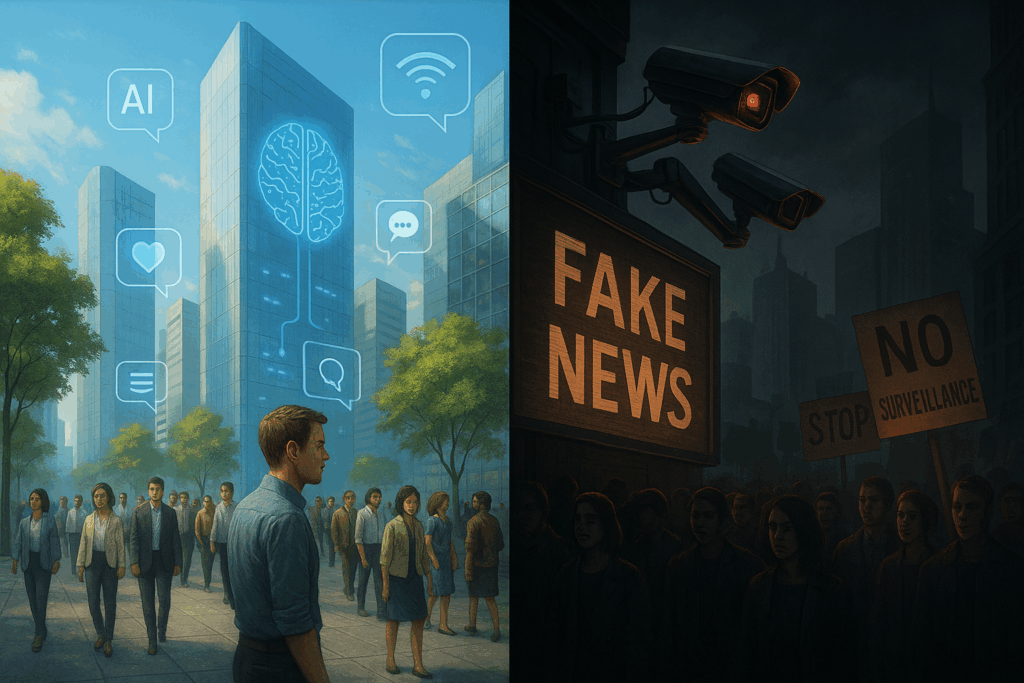 Zwei Welten: auf einer Seite helle, geordnete KI-Welt – auf der anderen Seite Chaos durch Deepfakes, Arbeitslosigkeit, Überwachung. Kontrastreich.