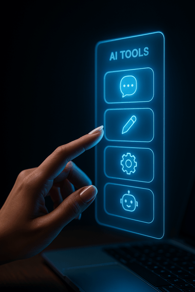 Tool-Oberflächen als holografische Icons über einem Schreibtisch, symbolisch & clean.