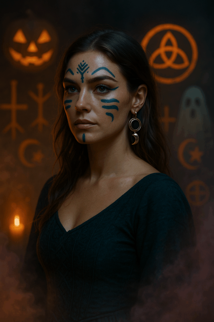Eine mystische Szene mit einer eleganten, geheimnisvollen Frau mit keltischen Tattoos, umgeben von Nebel, alten Steinen und flackerndem Feuer. Der Look: natürlich schön, ausdrucksstark, respektvoll inszeniert. Stimmung: uralt, spirituell und anziehend.