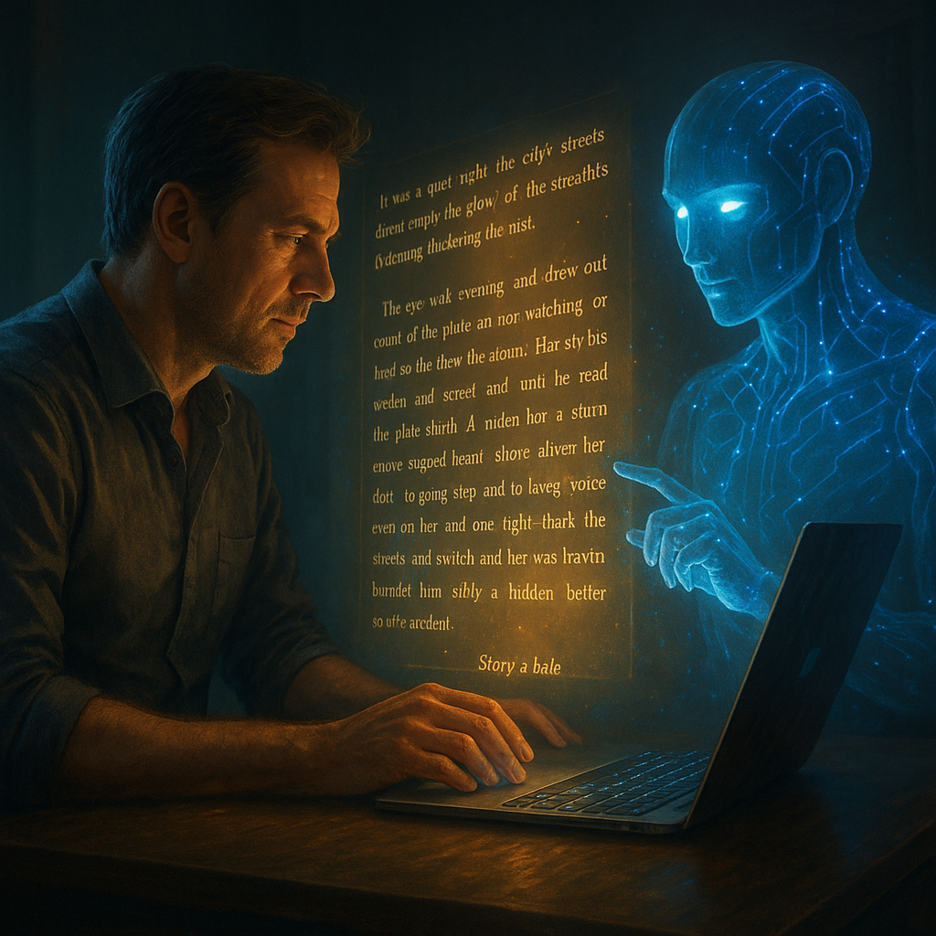 Ein Mensch und eine KI (z. B. Roboterarm oder Interface) arbeiten gemeinsam an einem Projekt – Co-Creation.