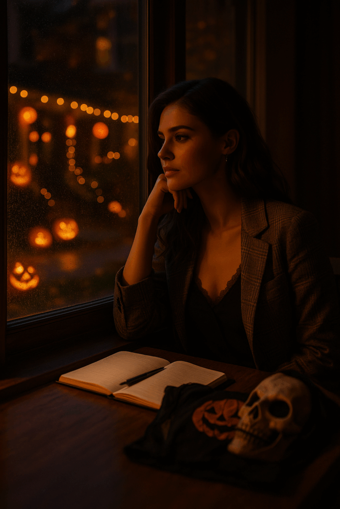 Porträt von Lisa, abends am Fenster mit Blick auf eine beleuchtete Straße voller Halloweenlichter. Sie lächelt leicht, im Hintergrund ihr Kostüm und Notizbuch. Die Szene wirkt nostalgisch, intim, aber stilvoll.