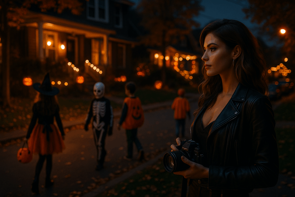 Eine typische amerikanische Vorstadtstraße in der Dämmerung. Sexy, elegante Frau (Lisa) mit Kamera über der Schulter, beobachtet lächelnd Kinder beim Trick-or-Treating. Die Szene wirkt warm, nostalgisch, echt.