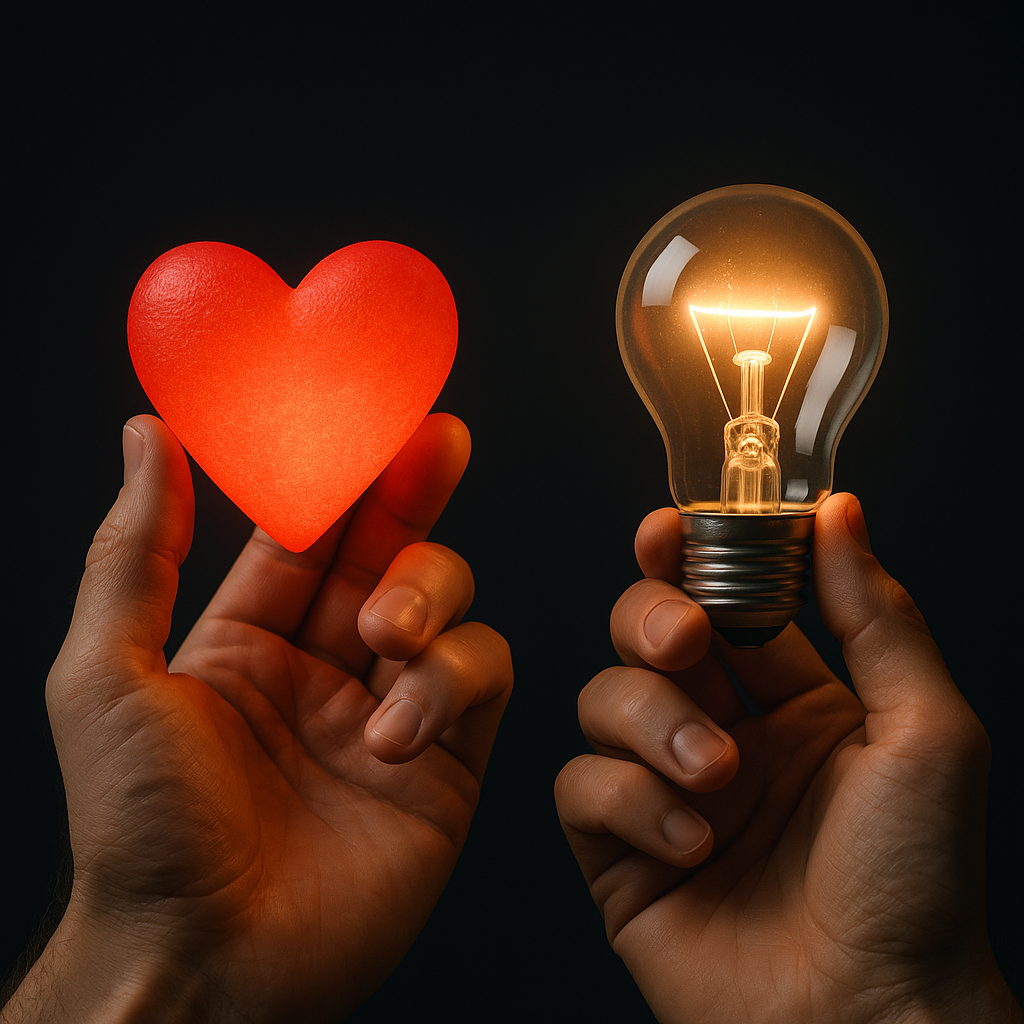 Ein Mensch hält ein leuchtendes Herz in der einen und eine Glühbirne in der anderen Hand – Symbol für Empathie und Kreativität.
