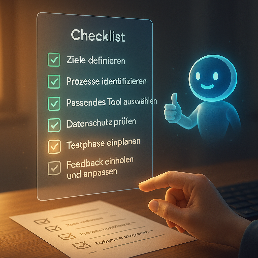Hand hält Checkliste mit Icons & Tools, im Hintergrund: Licht, Fortschritt, Zukunft.