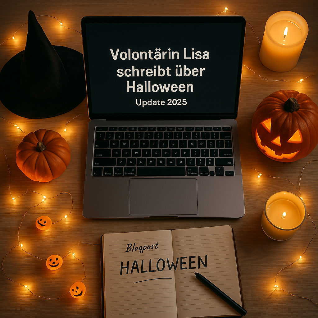 Stillleben aus einem stimmungsvoll dekorierten Schreibtisch mit aufgeschlagenem Laptop, einer Tasse Tee, einer brennenden Kerze und Halloween-Deko drumherum. Die Szene ist hochwertig, cozy, stilvoll.