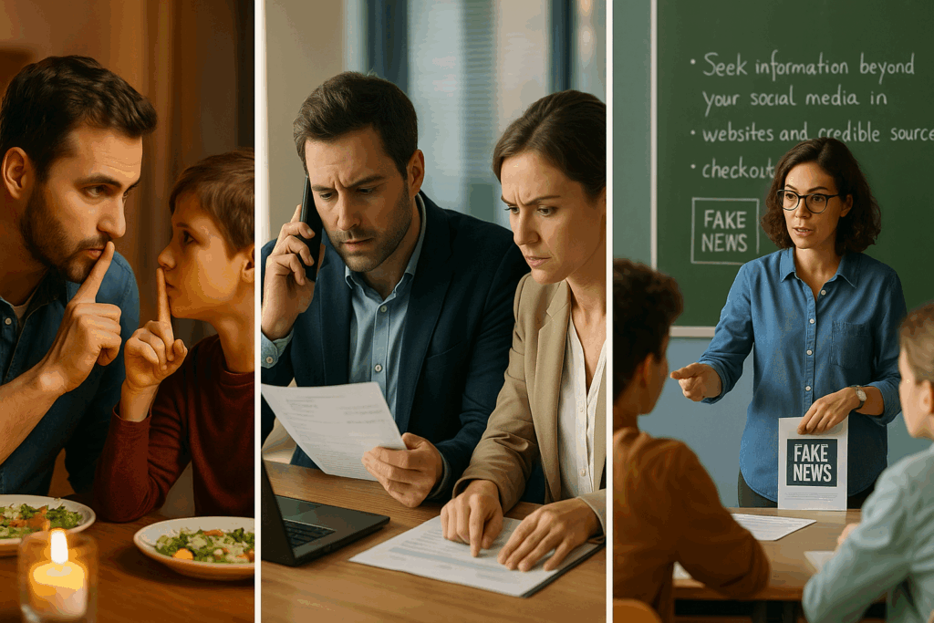 Drei Szenen nebeneinander: Familie mit Safe-Word, Büro mit 4-Augen-Regel, Klassenzimmer mit Medienprojekt.