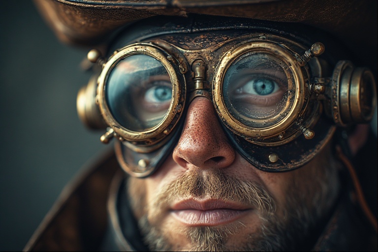 cinematic portrait of a steampunk explorer, detailed brass goggles, soft rim light, shallow depth of field, high detail, 35mm